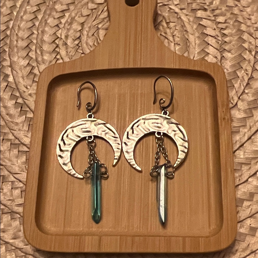 Elegant Silver Crescent Earrings with Teal Accents